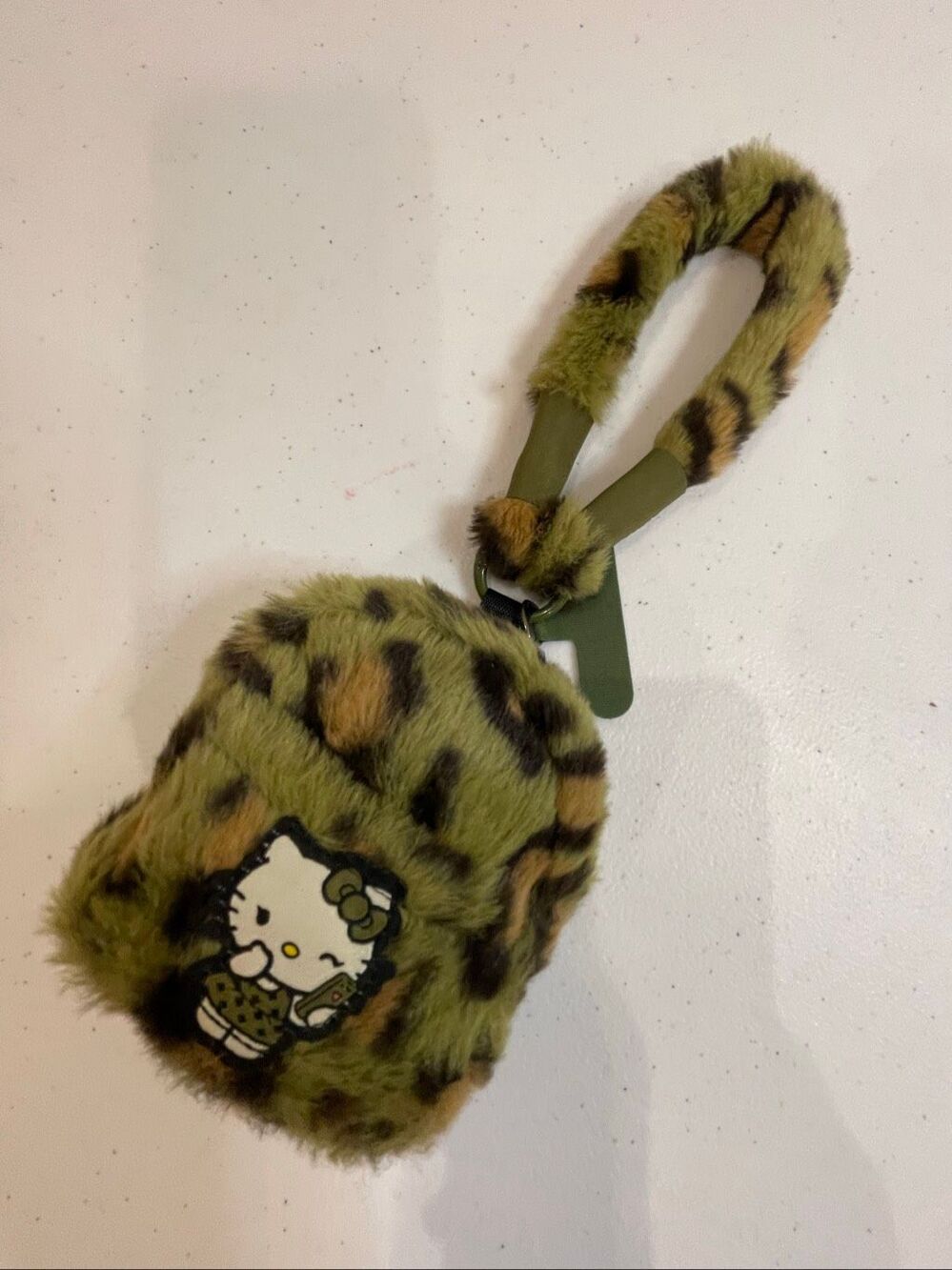 Hello Kitty Sanrio Fuzzy Camo Wristlet Green Olive Camouflage Mini Bag